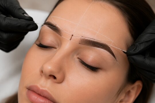 Cosmetologist mapping eyebrow shape with thread on woman face. Permanent makeup preparation for microblading procedure. Procedure of brow architecture design in professional beauty salon.