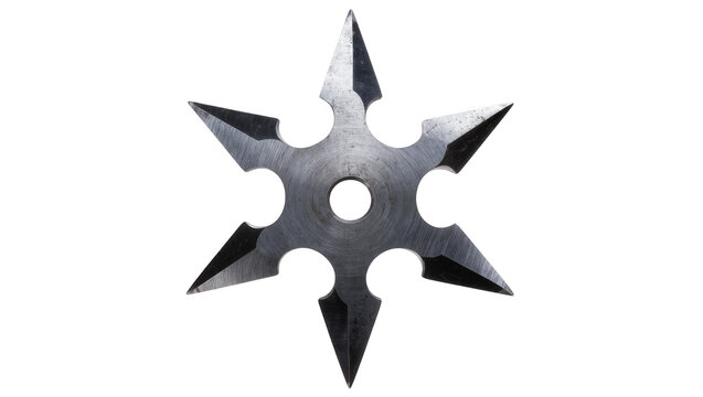Isolated six-point metal shuriken, ancient Japanese ninja throwing star weapon, sharp dangerous tool