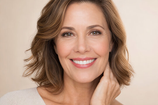 Smiling middle aged woman with permanent makeup tattoo on eyebrows and lips. Beauty portrait showing natural results of cosmetic tattooing. Aesthetic procedure for face enhancement.