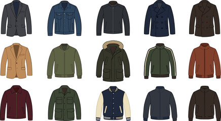 Men's Winter Outerwear Collection Featuring Blazers, Denim Jacket, Peacoat, Bomber, Parka, Varsity Jacket, Field Jacket, and Casual Apparel Vector Set © MdNazmul