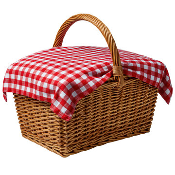 Wicker picnic basket with a red checkered cloth cover and woven handle for outdoor dining isolated on transparent background
