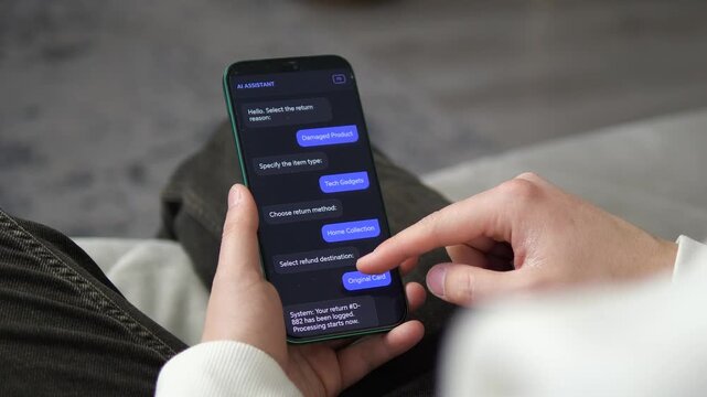Completing a product return via AI Assistant. The user selects Damaged Product, Tech Gadgets, and Home Collection via chat. Perfect for e-commerce, customer support automation, and AI chatbot visuals