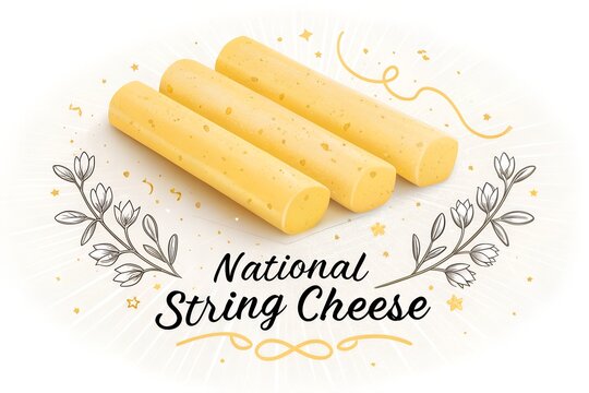 Three golden yellow sticks of delicious string cheese arranged neatly on a white festive background decorated with elegant floral sketches and golden confetti for a national celebration food event pos