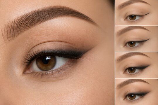 Woman eye with permanent makeup tattoo tutorial. Step by step eyeliner application and eyebrow microblading guide. Professional cosmetic tattooing procedure for beauty salon service.
