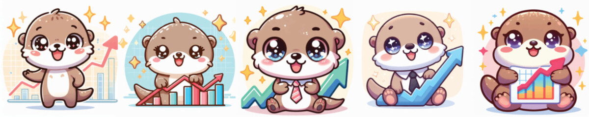 Vector of a cute cartoon otter character holding an upward graph © FirdianKrisna