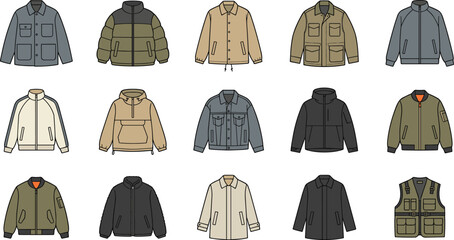 Outdoor and Casual Jacket Collection Featuring Puffer Coat, Hoodie, Bomber, Utility Jacket, Overshirt, Fleece, Tactical Vest, and Winter Outerwear Vector Set © MdNazmul