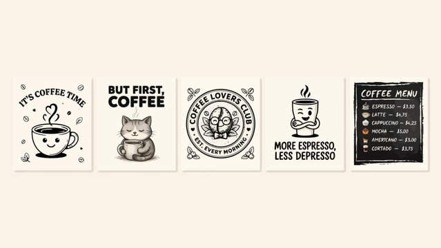 Set of five black and white coffee-themed vector illustrations and menu design . Vector Flat Illustration.