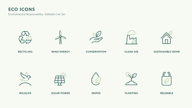 Eco Icons Set &ndash; Environmental Responsibility, Recycling, Renewable Energy and Sustainability Line Vector Collection. Vector Flat Illustration.