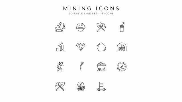 Set of 15 clean line mining and excavation icons for projects and presentations . Vector Flat Illustration.