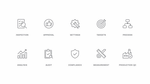 Set of twelve quality control and inspection process icons in flat vector style . Vector Flat Illustration.