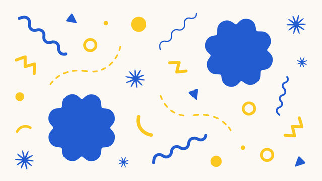 Colorful abstract doodles and cheerful cloud shapes with sun and stars . Vector Flat Illustration.