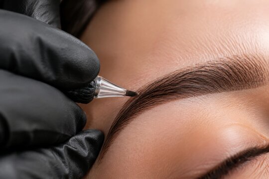 Microblading master performing eyebrow tattoo on woman face. Permanent makeup specialist using machine to shape brows. Cosmetology treatment for facial aesthetic improvement procedure.