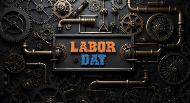 Happy labor day steampunk gears and industrial machinery background