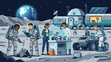 Naklejka premium Astronauts conduct scientific research on the moon base with earth in the background.
