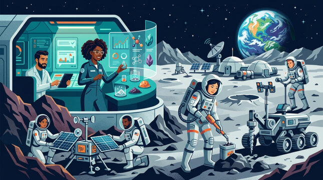 Astronauts conduct scientific research and exploration on the moon surface with earth in the background.