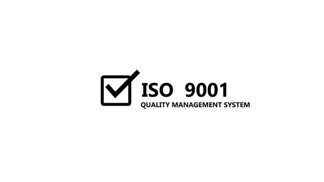 Minimal ISO 9001 Quality Management System certification banner featuring a black checkmark inside a square icon with bold ISO 9001 text. motion graphic of certification banner concept.