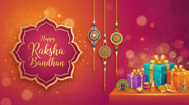 Elegant Raksha Bandhan Greeting Card with Decorative Rakhis Gifts and Festive Banner Design
