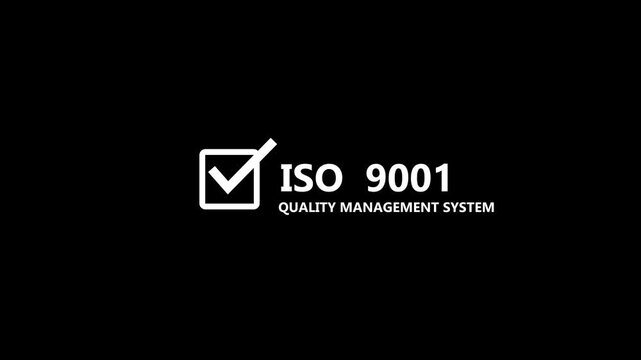 Minimal ISO 9001 Quality Management System certification banner featuring a white checkmark inside a square icon with bold ISO 9001 text. motion graphic of certification banner concept.