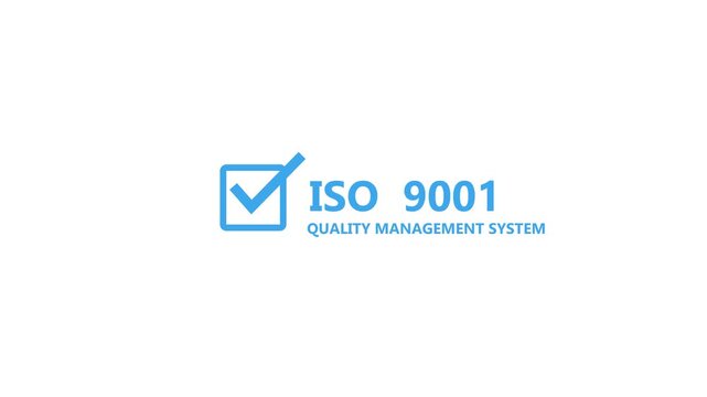 Minimal ISO 9001 Quality Management System certification banner featuring a blue checkmark inside a square icon with bold ISO 9001 text. motion graphic of certification banner concept.