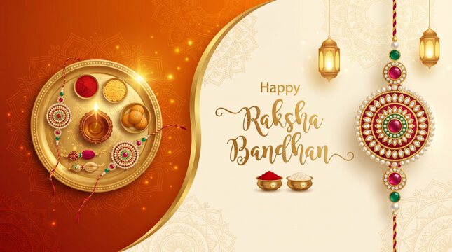 Elegant Raksha Bandhan Greeting Card with Traditional Rakhi Thali and Festive Banner Design
