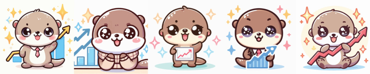Vector of a cute cartoon otter character holding an upward graph © FirdianKrisna