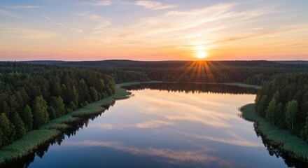 Aerial sunset over a calm lake, surrounded by a dense green forest © wakhid