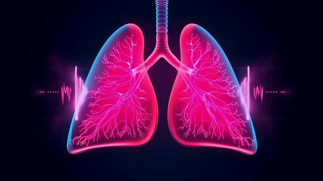 ​3D Medical Animation of Human Lungs Respiration Process with Glowing Bronchial Tree and Pulse Wave Monitoring
