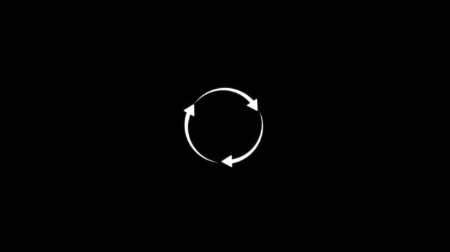 Three white arrows forming a circular rotation symbol on black background.refresh arrow icon Abstract arrow refresh and recycle icon. motion graphic of three arrow concept.