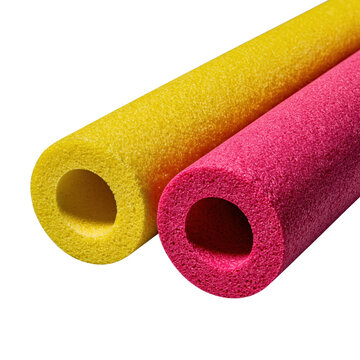 Two colorful foam pool noodles in yellow and pink for swimming, floating, and summer recreation isolated on transparent background
