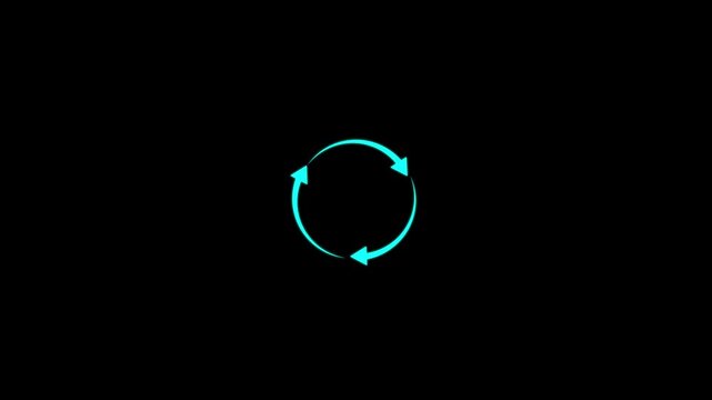 Three cyan arrows forming a circular rotation symbol on black background.refresh arrow icon Abstract arrow refresh and recycle icon. motion graphic of three arrow concept.