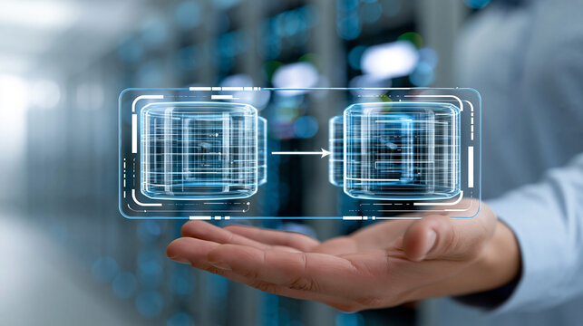 Data migration concept with faceless hand holding transparent screen displaying process of transferring data between two servers in modern data center, cloud migration concept,