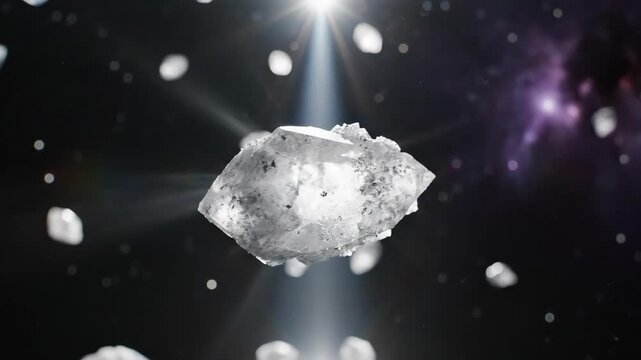 Floating quartz crystal in deep space with lens flare. Abstract mineral object drifting in dark cosmos. Scientific visualization of geological specimen in orbit