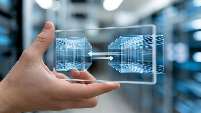 Data migration concept with faceless hand holding transparent screen displaying process of transferring data between two servers in modern data center, cloud migration concept,