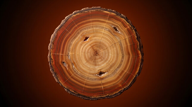 Cross section of a petrified wood log showing beautiful natural concentric growth rings and detailed brown stone texture transparent background
