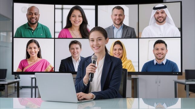 Female moderator hosting international video conference with diverse participants on large screen. Global business communication and virtual event management.