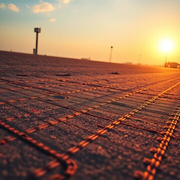 Looming stitches, gridiron lines, afternoon sun glinting, brown, green