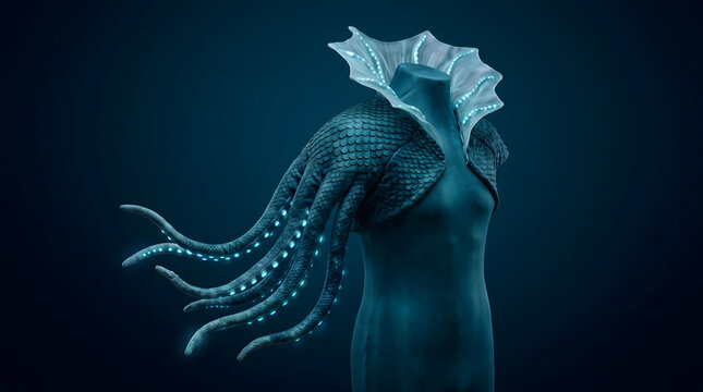 Futuristic alien shoulder armor featuring organic tentacles and glowing blue light accents transparent background