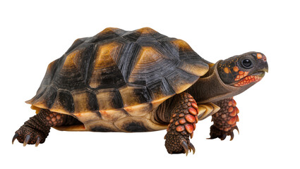 Fototapeta premium Isolated beautiful adult Red-footed tortoise, exotic reptile with vibrant patterned shell, side view