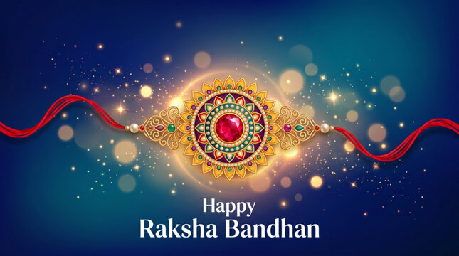 Elegant Raksha Bandhan Greeting Card with Ornamental Rakhi on Sparkling Festive Background