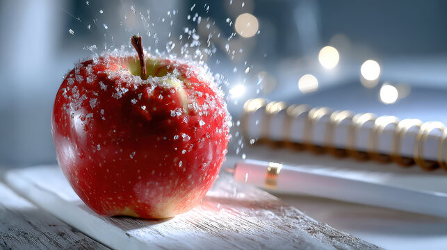 Red apple under a strong spotlight with splash droplets on a desk near notebook for dramatic still life background and creative design