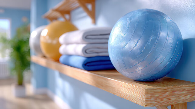 Physiotherapy gym equipment shelf with exercise balls and folded towels for wellness center background and banner design