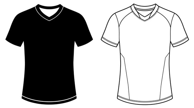 V neck t shirt illustration black and white line art on white background