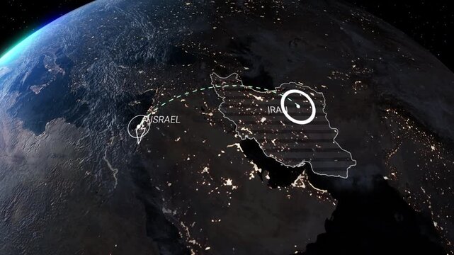 Iran Israel on Globe map Gulf countries Dubai, UAE. Qatar, Iraq, Kuwait, Oman, Saudi, Bahrain