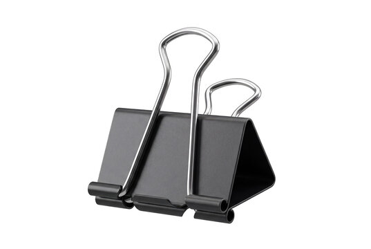 Black binder clip with silver handles, metal paper clamp for office, professional stationery tool isolated on Transparent Background