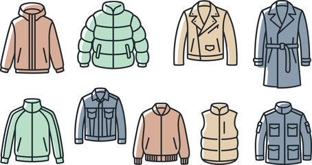 Winter Outerwear Collection Featuring Hoodie, Puffer Jacket, Leather Biker Jacket, Trench Coat, Denim Jacket, Utility Coat, and Vest Flat Vector Set © MdNazmul