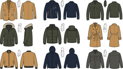 Winter Outerwear Collection Featuring Blazer, Leather Biker Jacket, Denim Jacket, Parka, Puffer Coat, Trench Coat, Hoodie, and Bomber Vector Set © MdNazmul