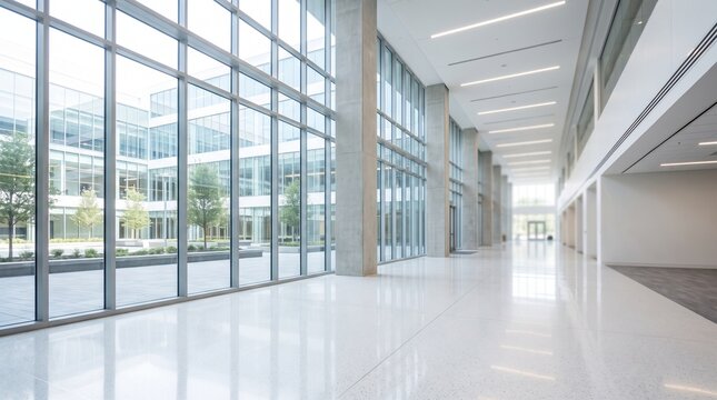 Modern corporate office building interior lobby with floor to ceiling glass windows and polished white stone flooring reflecting bright natural sunlight