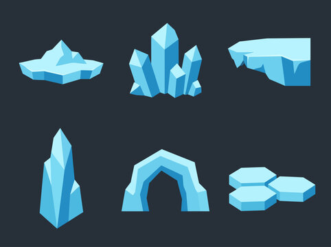 Ice crystal set featuring various frozen geometric shapes for video game environment design elements isolated on a dark background