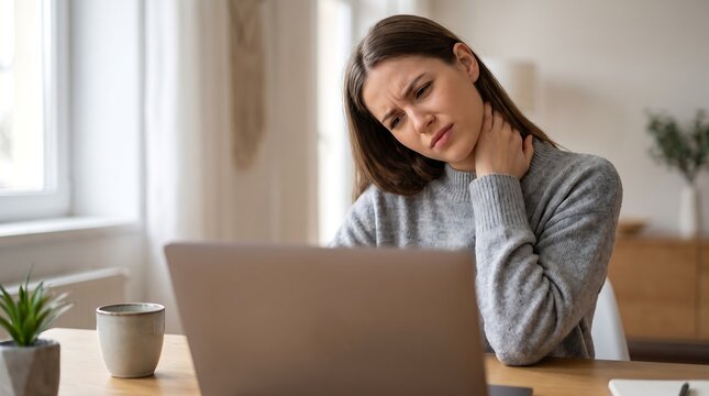 A young woman grimaces in pain while holding her neck, likely experiencing discomfort from prolonged computer use.