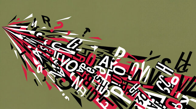 Dynamic Typography Graphic Design of Logorrhea Featuring an Explosion of Black and Crimson Letters Representing Unstoppable Racing Thoughts